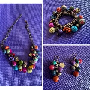 Colorful Beaded Jewelry Set - bracelet, necklace, and earrings gold bronze multi